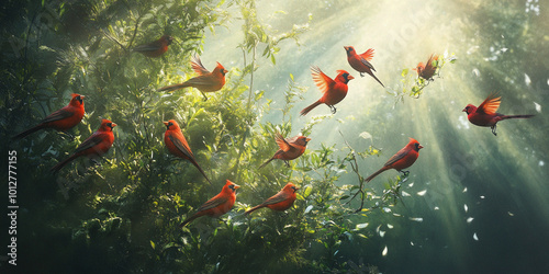 Flock of Red Cardinals Perched on a Branch photo