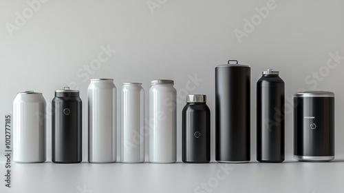 A variety of drink containers in black and white colors.