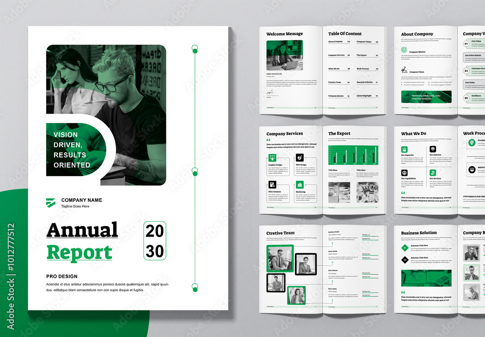 Annual Report Layout With Green Accents Stock Template | Adobe Stock