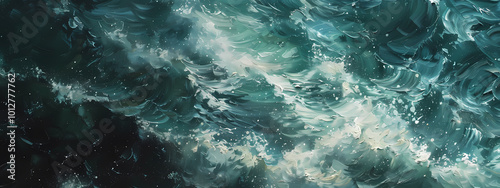 An abstract depiction of turbulent ocean waves, showcasing dynamic colors and textures that evoke a sense of motion and energy.