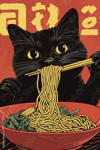 Black Cat eating ramen noodles, asian theme Linocut print illustration style, Japanese woodblock print, Japan Black Cat Poster, izakaya, advertisement, food, chopsticks and bowl