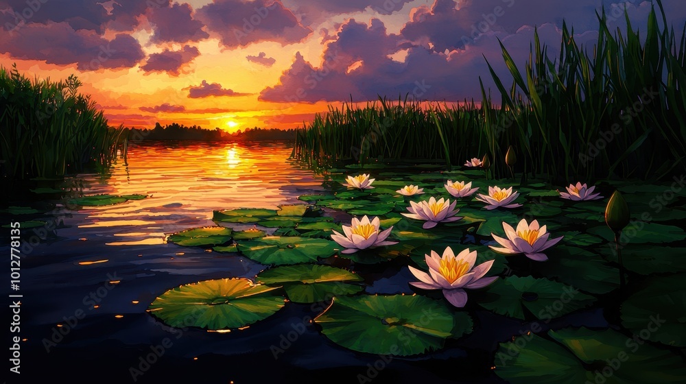 Scenic water lily pond at sunset with vibrant colors and lush greenery. Scenic water lily pond at sunset with vibrant colors and lush greenery.