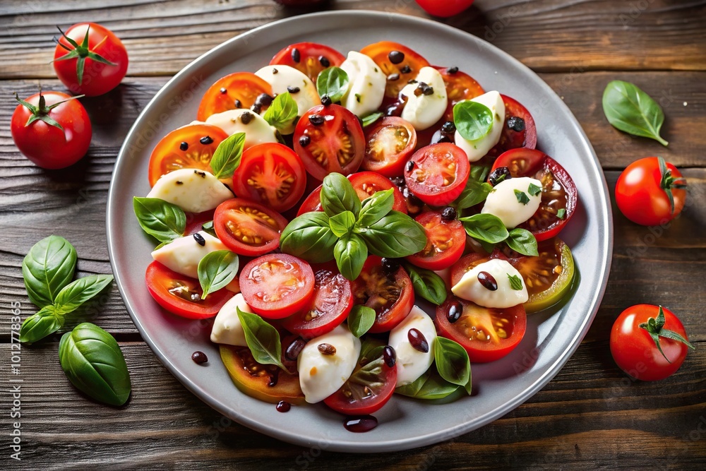 Fresh tomato salad with mozzarella cheese, basil, balsamic dressing on plate Fresh tomato salad with mozzarella cheese, basil, balsamic dressing on plate