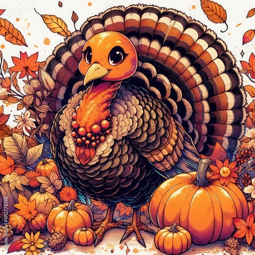 A whimsical turkey in vibrant autumn colors surrounded by pumpkins and leaves, perfect for Thanksgiving-themed designs and seasonal celebrations. photo