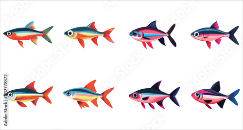 Neon tetra fish vector set. Colorful neon tetra fish collection. Set of aquarium fish vector. Aquarium Neon tetra fish vector
