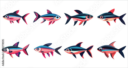 Neon tetra fish vector set. Colorful neon tetra fish collection. Set of aquarium fish vector. Aquarium Neon tetra fish vector