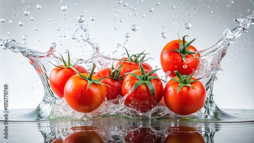 Fresh tomatoes splashing water photo