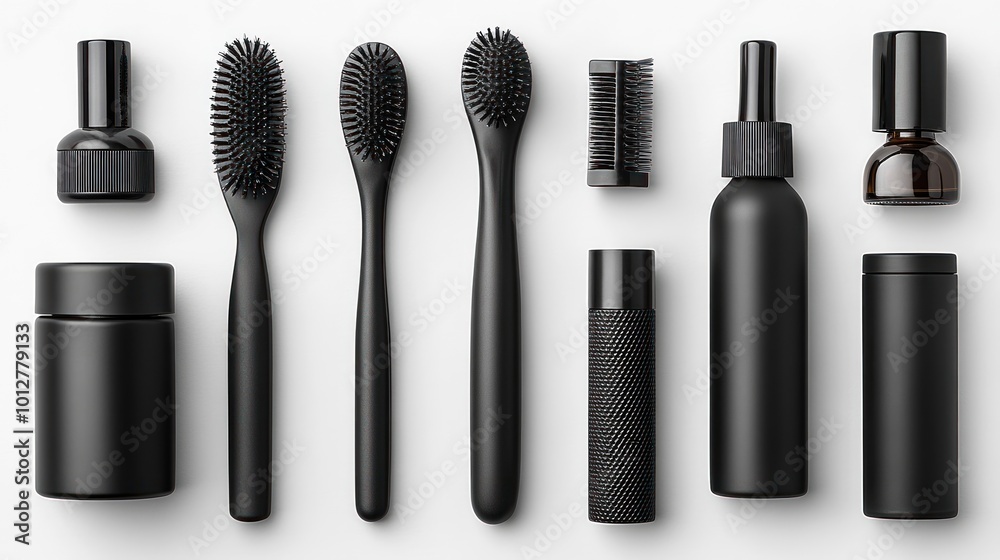 A collection of black grooming and beauty products arranged neatly. A collection of black grooming and beauty products arranged neatly.