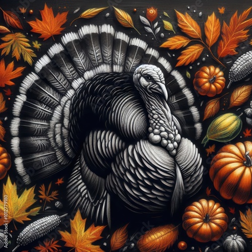 Vibrant turkey illustration surrounded by autumn leaves, pumpkins, and corn, perfect for Thanksgiving-themed designs and seasonal marketing materials. photo