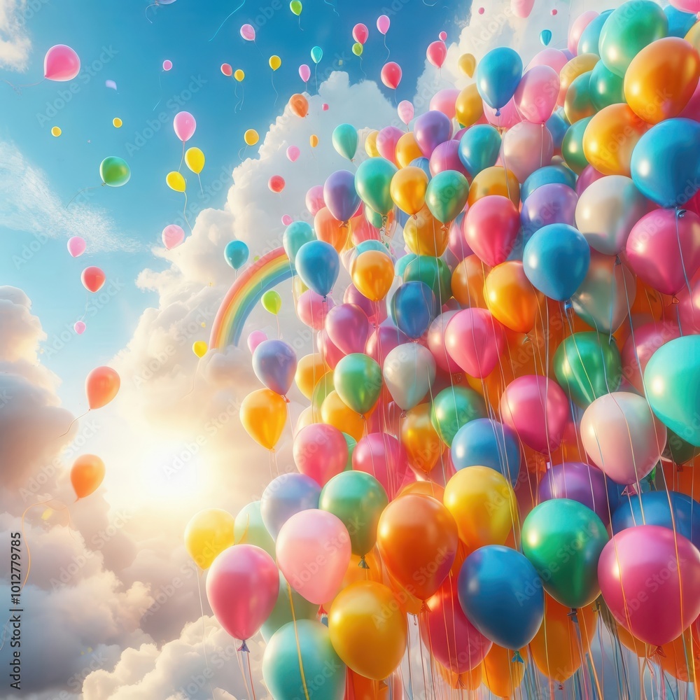 A vibrant display of colorful balloons floating against a sunny sky, perfect for celebrations, events, or cheerful designs. Ideal for birthday, festival, or party themes. A vibrant display of colorful balloons floating against a sunny sky, perfect for celebrations, events, or cheerful designs. Ideal for birthday, festival, or party themes.
