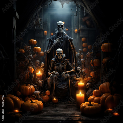 dark halloween scene with skeletons and pumpkins, photorealistic, --ar 1:1 --stylize 250 --v 5.2 Job ID: 30328f0b-ad05-4487-a935-39f62a7b1759