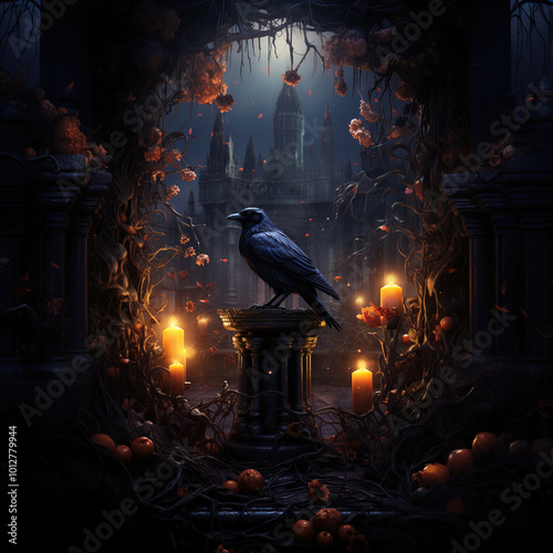 Mysterious Raven Perched Amidst Lighted Candles at Gothic Setting