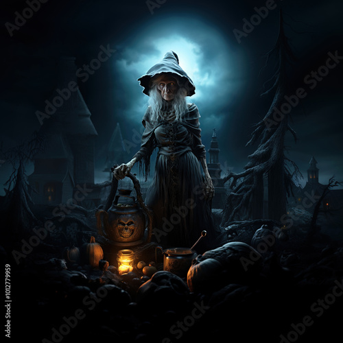 Mysterious Witch in Dark Forest Under Moonlight
