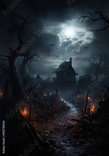 Spooky Haunted House Under a Eerie Moonlit Night