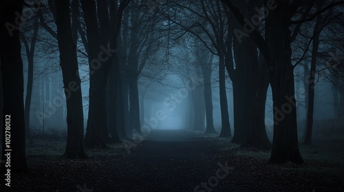 A misty forest path shrouded in fog, surrounded by tall, dark trees creating an eerie, mysterious atmosphere.