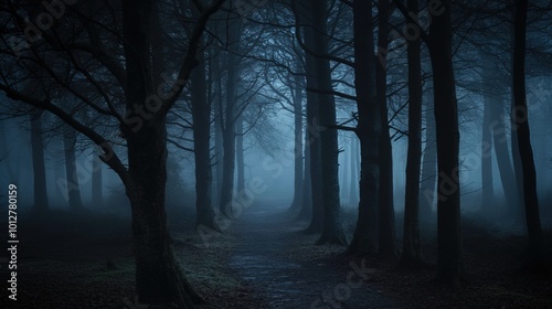 A misty forest path shrouded in fog, surrounded by tall, dark trees creating an eerie, mysterious atmosphere.