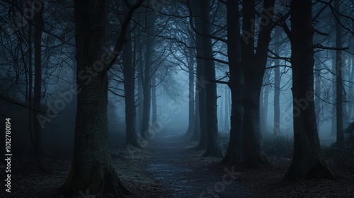 A misty forest path shrouded in fog, surrounded by tall, dark trees creating an eerie, mysterious atmosphere.