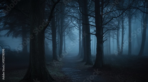A misty forest path shrouded in fog, surrounded by tall, dark trees creating an eerie, mysterious atmosphere.