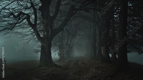 A fog-shrouded forest path lined with dark, twisted trees, creating a mysterious and eerie atmosphere under the dim, muted light.