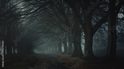 A fog-shrouded forest path lined with dark, twisted trees, creating a mysterious and eerie atmosphere under the dim, muted light.