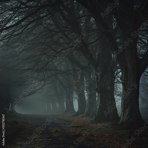 A fog-shrouded forest path lined with dark, twisted trees, creating a mysterious and eerie atmosphere under the dim, muted light.