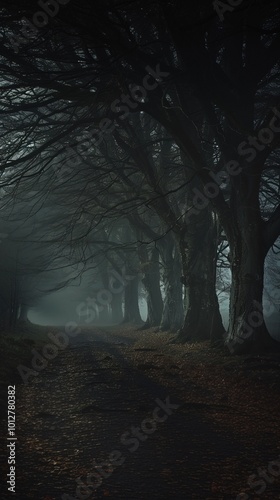A fog-shrouded forest path lined with dark, twisted trees, creating a mysterious and eerie atmosphere under the dim, muted light.