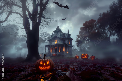Spooky Halloween Night with Haunted House and Jack-o'-Lanterns