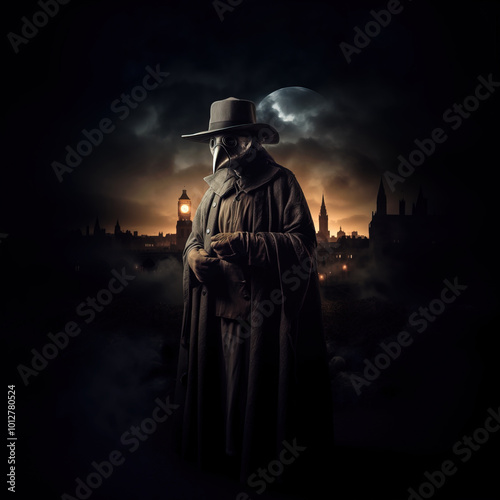 Mysterious Plague Doctor in Foggy Historical Cityscape