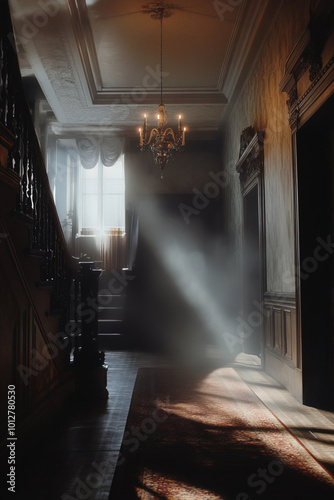 Elegant Sunlit Hallway Featuring Vintage Chandelier and Wooden Staircase