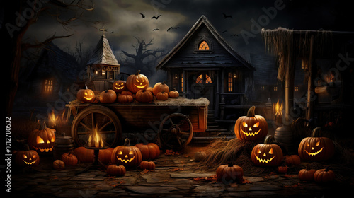 Spooky Halloween Night with Glowing Jack-O'-Lanterns in Village