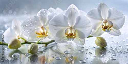 Fresh white orchids with water droplets reflecting closeup