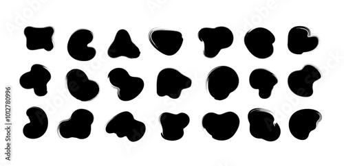 Hand-painted black organic blots. Free form grungy vector rounded liquid shapes. Set of amoeba-shaped Grunge brush texture blots. Isolated hand-drawn stamps. Design elements for logo, label or emblem