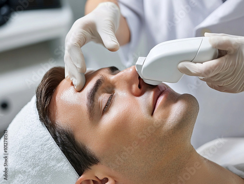 Skin doctor using HIFU resurfacing facial skincare treatment technology with adult asian male to reduce wrinkles and scars at anti aging clinic