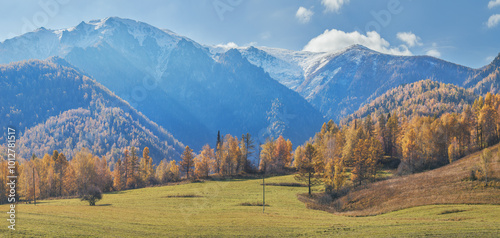 Picturesque fall view, mountain scenery, snow-capped peaks and field, indian summer