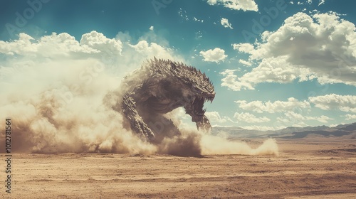 A colossal creature emerges from the dust in a desolate landscape, surrounded by dramatic skies and a sense of impending adventure.