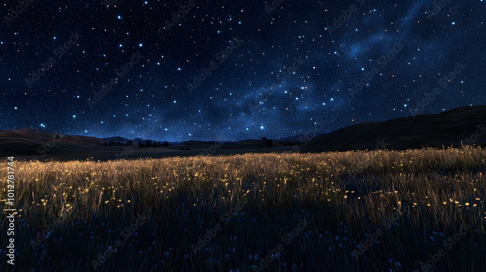 Naklejka premium Serene night sky over a field with twinkling stars.