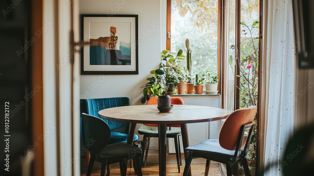 A cozy dining room featuring a round table surrounded by colorful chairs and vibrant plants, filled with natural light. A cozy dining room featuring a round table surrounded by colorful chairs and vibrant plants, filled with natural light.