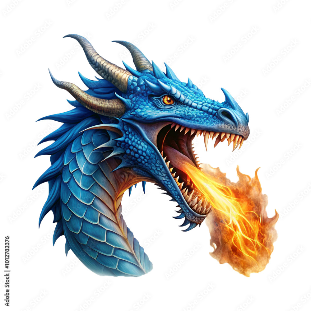 A head of a blue dragon spitting fire isolated on a transparent background A head of a blue dragon spitting fire isolated on a transparent background