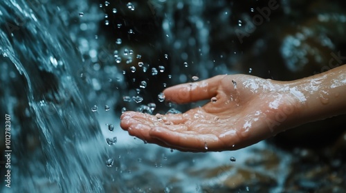 A hand outstretched in a waterfall, catching droplets of water.