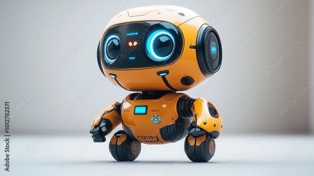 A small, friendly robot with a bright orange design and expressive features. A small, friendly robot with a bright orange design and expressive features.