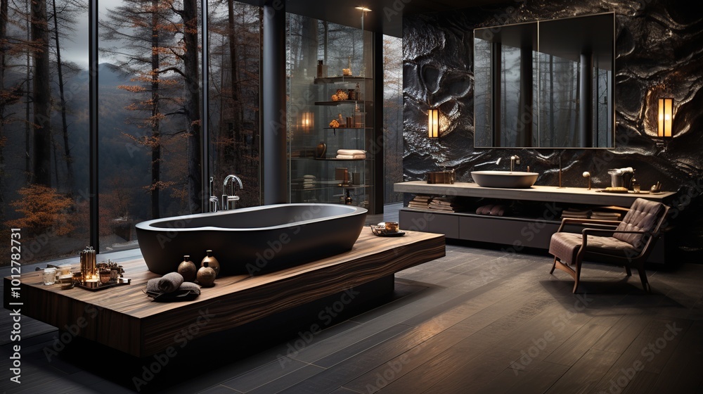 a large bathroom that is decorated with dark wood a large bathroom that is decorated with dark wood