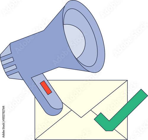 Megaphone and envelope symbolize communication and message delivery.