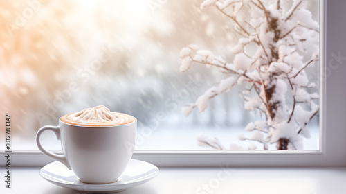 Hot cocoa in a glass on a table by the window during a snowfall.