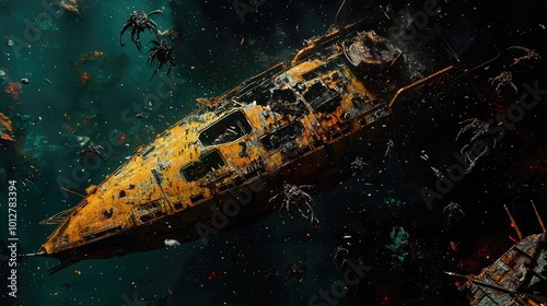 A derelict spaceship floats amidst cosmic debris, showcasing a haunting beauty in the depths of space.