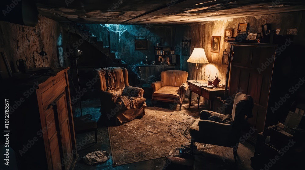 Fototapeta premium A dimly lit, vintage living room with old furniture, creating a mysterious and nostalgic atmosphere.