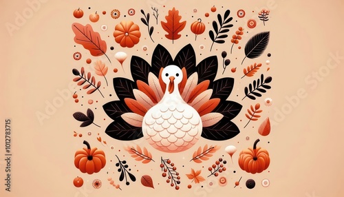 A colorful, festive illustration featuring a turkey surrounded by autumn leaves and pumpkins, perfect for Thanksgiving themes in marketing and decoration. photo