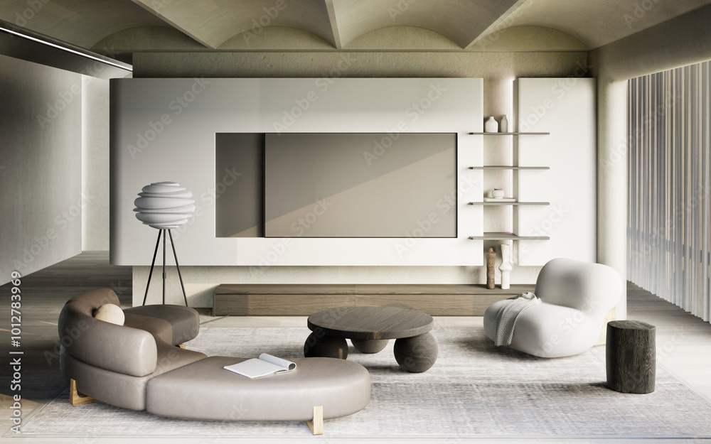Minimalist living room featuring a stylish sofa, TV wall, and elegant furniture in a luxury apartment Minimalist living room featuring a stylish sofa, TV wall, and elegant furniture in a luxury apartment