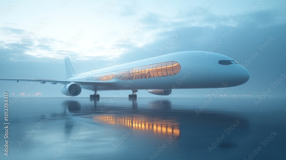 A futuristic aircraft on a misty runway at dawn. A futuristic aircraft on a misty runway at dawn.
