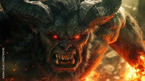 A fierce and fiery demon with glowing red eyes and dramatic horns, representing power and terror in a dark fantasy setting. photo