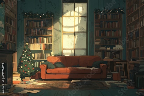 Living room with christmas tree and fireplace. 3d illustration.